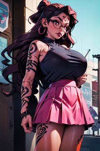  trans-female, emo, goth, long dark hair, ((septum piercing:1.3)), ((lip piercings:1.3)), (((tattoos:1.5))), huge boobs, glasses,  ahegau, playful lewd pose, full length body shot, (extremely short pink skirt revealing huge penis)