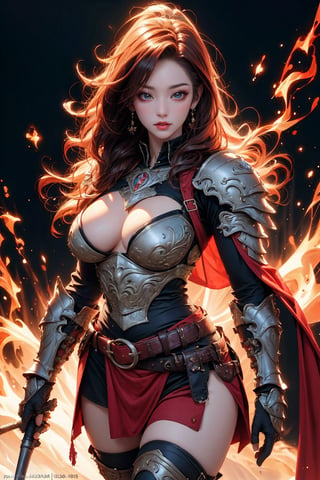 busty and sexy girl, 8k, masterpiece, ultra-realistic, best quality, high resolution, high definition, long hair, thighhighs, gloves,  jewelry, cowboy shot, earrings, belt, black skirt, armor, thigh boots, fire, shoulder armor, gauntlets, red gloves, pauldrons, red cape