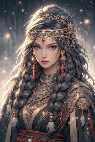 busty and sexy girl, 8k, masterpiece, ultra-realistic, best quality, high resolution, high definition, 1girl, solo, long hair, looking at viewer, bangs, black hair, hair ornament, jewelry, closed mouth, upper body, braid, earrings, necklace, twin braids, lips, expressionless, gem, tassel, hair over shoulder, headdress, multiple braids