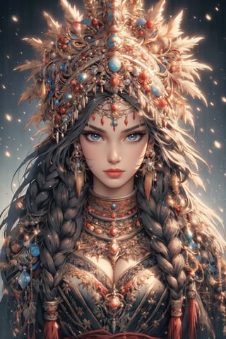 busty and sexy girl, 8k, masterpiece, ultra-realistic, best quality, high resolution, high definition, 1girl, solo, long hair, looking at viewer, bangs, black hair, hair ornament, jewelry, closed mouth, upper body, braid, earrings, necklace, twin braids, lips, expressionless, gem, tassel, hair over shoulder, headdress, multiple braids