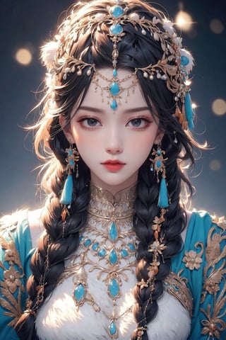 busty and sexy girl, 8k, masterpiece, ultra-realistic, best quality, high resolution, high definition, 1girl, solo, long hair, looking at viewer, bangs, black hair, hair ornament, jewelry, closed mouth, upper body, braid, earrings, necklace, twin braids, lips, expressionless, gem, tassel, hair over shoulder, headdress, multiple braids