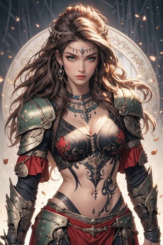 busty and sexy girl, 8k, masterpiece, ultra-realistic, best quality, high resolution, high definition, 1girl, solo, long hair, breasts, looking at viewer, brown hair, black hair, navel, jewelry, medium breasts, green eyes, weapon, necklace, armor, lips, tattoo, circlet, realistic