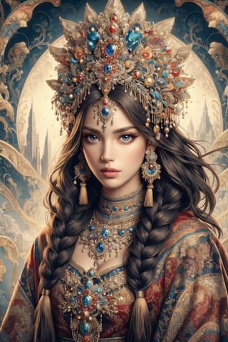 busty and sexy girl, 8k, masterpiece, ultra-realistic, best quality, high resolution, high definition, 1girl, solo, long hair, looking at viewer, bangs, black hair, hair ornament, jewelry, closed mouth, upper body, braid, earrings, necklace, twin braids, lips, expressionless, gem, tassel, hair over shoulder, headdress, multiple braids