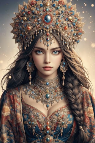 busty and sexy girl, 8k, masterpiece, ultra-realistic, best quality, high resolution, high definition, 1girl, solo, long hair, looking at viewer, bangs, black hair, hair ornament, jewelry, closed mouth, upper body, braid, earrings, necklace, twin braids, lips, expressionless, gem, tassel, hair over shoulder, headdress, multiple braids