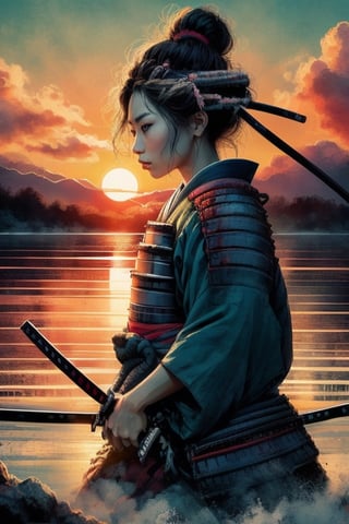 SUNSET, ((SAMURAI)) , girl, 8k, masterpiece, ultra-realistic, best quality, high resolution, high definition