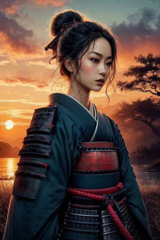 SUNSET, ((SAMURAI)) , girl, 8k, masterpiece, ultra-realistic, best quality, high resolution, high definition