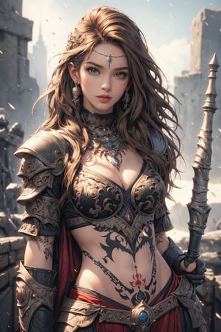 busty and sexy girl, 8k, masterpiece, ultra-realistic, best quality, high resolution, high definition, 1girl, solo, long hair, breasts, looking at viewer, brown hair, black hair, navel, jewelry, medium breasts, green eyes, weapon, necklace, armor, lips, tattoo, circlet, realistic