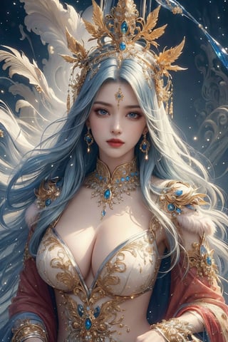 busty and sexy girl, 8k, masterpiece, ultra-realistic, best quality, high resolution, high definition,a character with a detailed and ornate headdress, adorned with what appears to be crystals or gems.  outfit suggests a regal or ceremonial attire.The color palette, predominantly white and silver, gives the character an ethereal or otherworldly appearance