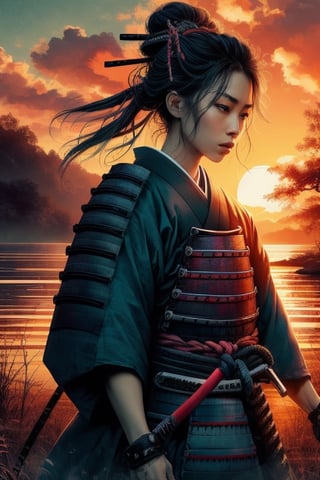 SUNSET, ((SAMURAI)) , girl, 8k, masterpiece, ultra-realistic, best quality, high resolution, high definition