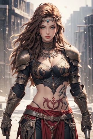 busty and sexy girl, 8k, masterpiece, ultra-realistic, best quality, high resolution, high definition, 1girl, solo, long hair, breasts, looking at viewer, brown hair, black hair, navel, jewelry, medium breasts, green eyes, weapon, necklace, armor, lips, tattoo, circlet, realistic