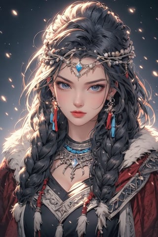 busty and sexy girl, 8k, masterpiece, ultra-realistic, best quality, high resolution, high definition, 1girl, solo, long hair, looking at viewer, bangs, black hair, hair ornament, jewelry, closed mouth, upper body, braid, earrings, necklace, twin braids, lips, expressionless, gem, tassel, hair over shoulder, headdress, multiple braids