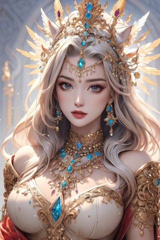 busty and sexy girl, 8k, masterpiece, ultra-realistic, best quality, high resolution, high definition,a character with a detailed and ornate headdress, adorned with what appears to be crystals or gems.  outfit suggests a regal or ceremonial attire.The color palette, predominantly white and silver, gives the character an ethereal or otherworldly appearance,MUGODDESS,CAT WITCH