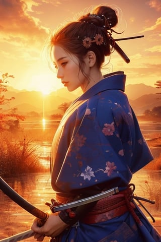 SUNSET, ((SAMURAI)) , girl, 8k, masterpiece, ultra-realistic, best quality, high resolution, high definition,ELIGHT