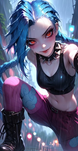 score_9, score_8_up, score_7_up, score_6_up, realistic, red eyes,  purple blue  hair, rainy day, fog, steam,night, wet, ,jinx (league of legends),JinxKaryln,g4n1m3,  pale skin, canine, ulg, disheveled hair, side, glowing eyes, smile, tank top, flushed, spiked chocker, bikini, dripped makeup, head tilt,smm underboob, combat boots, kicking, 