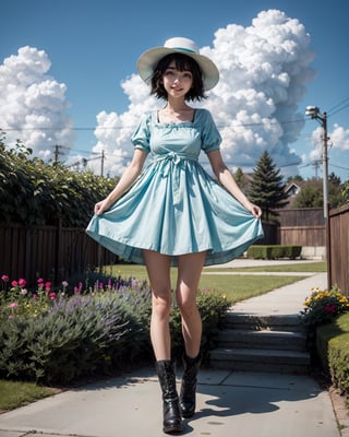 mayuri shiina, (black hair:1.5), (green eyes:1.5), messy hair, short hair, hat, blue hat,
(blue dress:1.5), collarbone, dress, puffy short sleeves, puffy sleeves, short sleeves,, see-through, bike shorts, grown up, adult woman, full body, dynamic, garden stret, blu sky, clouds, sunlight, black boots, smile