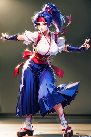 best quality, official art, ,ponytail, hakama,blue hakama skirt, japanese clothes,  headband, white japanese socks,red belt, ,neckline:1.4, geta:1.3, large fingerless gloves, old tokyo, blue hair, fighting,boobs