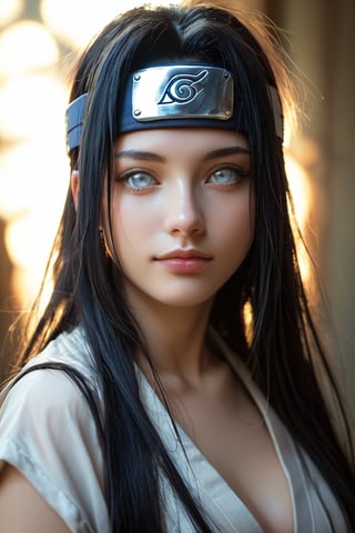 realistic style, photo, soft lighting, dimension, details, score_9, score_8_up, score_7_up,  1 girl, hinata, black hair, white eyes, naruto_(series),   big brest, very long hair, konoha, head protector, 