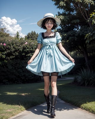 mayuri shiina, (black hair:1.5), (green eyes:1.5), messy hair, short hair, hat, blue hat:1.5,
(blue dress:1.5), collarbone, dress, puffy short sleeves, puffy sleeves, short sleeves, see-through, bike shorts, grown up, adult woman, full body, dynamic, garden stret, blue sky, clouds, sunlight, black boots, smile, naked dress, transparent, short pants, 