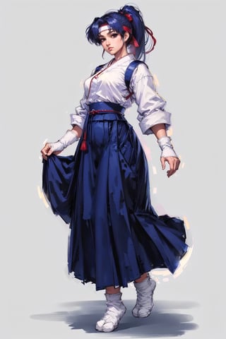 (masterpiece, top quality, best quality, official art, beautiful and aesthetic:1.2), (1girl:1.3), (fractal art:1.3),ponytail, hakama , (blue hakama skirt:1.3),japanese clothes,  headband,(white tabi:1.3),(white japanese socks:1.5),red belt, simple background, (Cinmatic:0.4) ,upper body, 