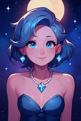 score_9, score_8_up, uncensored, super cute style, cosmic space background, 1girl, female_solo, blue corset, sparkles, facing viewer, short blue hair, soft pink skin, blue eyes, diamond necklace