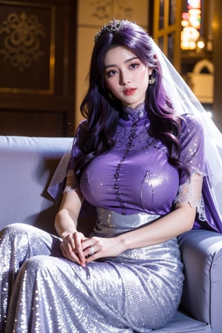 masterpiece,1girl,(mature female:0.5),tall body,golden proportions,(Kpop idol),(shiny skin:1.2),(oil skin:1.1),makeup,(close up),(church background:1.2),depth of field,(closed mouth:0.5),((long wavy purple hair)),(puffy eyes),(eyelashes:1.1),(parted lips:1.1),red lipstick,fantasy art style,dreamy light,(high neck purple wedding dress:1.59),(lace long wedding dress:1.39),perfect body,(dreamy veil:1.3),(dusk:1.2),princess shoes,(diamond necklace),(crystal hairpin),tyndall effect,highres,(Sit on the sofa:1.3),(big breasts:1.79),