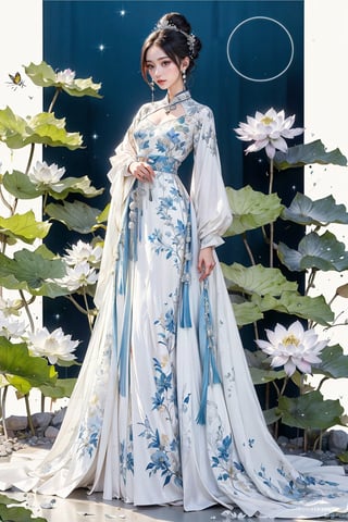 1girl, solo, long hair, black hair, hair ornament, long sleeves, dress, holding, jewelry, standing, full body, flower, earrings, hair bun, white dress, sparkle, chinese clothes, single hair bun, bug, white flower, butterfly, tassel, forehead mark, candle, lotus,best quality,Young beauty spirit 