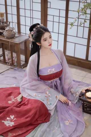 (masterpiece, best quality:1.2),1girl, solo, long hair, black hair,Hairpins,necklace, hair ornament, dress, full body, flower, earrings, indoors, hair bun, (red-Purple-green dress:1.29),(Tube top Hanfu long skirt:1.1), pillow, bed, night, chinese clothes, table, branch,daxiushan, ,daxiushan style,(huge breasts:2.33), (full breasts:1.79), realistic,hanfu, daxiushan,Shoulders are exposed, , daxiushan, arien_hanfu, FilmGirl,Xziling,More Reasonable Details