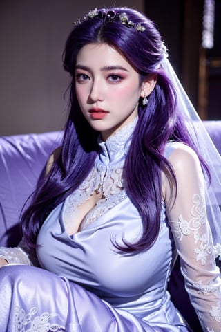 masterpiece,1girl,(mature female:0.5),tall body,golden proportions,(Kpop idol),(shiny skin:1.2),(oil skin:1.1),makeup,(close up),(church background:1.2),depth of field,(closed mouth:0.5),((long wavy purple hair)),(puffy eyes),(eyelashes:1.1),(parted lips:1.1),red lipstick,fantasy art style,dreamy light,(high neck purple wedding dress:1.59),(lace long wedding dress:1.39),perfect body,(dreamy veil:1.3),(dusk:1.2),princess shoes,(diamond necklace),(crystal hairpin),tyndall effect,highres,(Sit on the sofa:1.3),(big breasts:1.79),