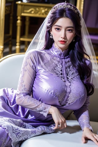 masterpiece,1girl,(mature female:0.5),tall body,golden proportions,(Kpop idol),(shiny skin:1.2),(oil skin:1.1),makeup,(close up),(church background:1.2),depth of field,(closed mouth:0.5),((long wavy purple hair)),(puffy eyes),(eyelashes:1.1),(parted lips:1.1),red lipstick,fantasy art style,dreamy light,(high neck purple wedding dress:1.59),(lace long wedding dress:1.39),perfect body,(dreamy veil:1.3),(dusk:1.2),princess shoes,(diamond necklace),(crystal hairpin),tyndall effect,highres,(Sit on the sofa:1.3),(big breasts:1.79),