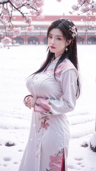 Masterpiece, Best Quality,young and beautiful Chinese girl wearing a cheongsam with coiled hair, , wearing vintage Chinese earrings, (big breasts:1.39),in front of the Forbidden City, with a large aperture portrait lens,(big breasts:1.3),embroidered flower patterns,(Peonies, cherry blossoms, plum blossoms:1.3), (snow:1.5),,  qipao