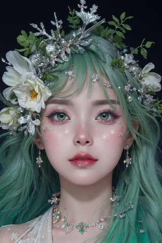 green theme,  snowflakes,  looking at viewer,  portrait,  colorful hair,  jewelry,  close up,  ultra high res,  deep shadow, (best quality,  masterpiece),  dimly lit,  shade, highly detailed,  bold makeup,  flower,  simple background,  depth of field,  film grain,  fashion_girl,  accessories, High detailed, ,fashion_girl