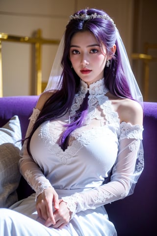 masterpiece,1girl,(mature female:0.5),tall body,golden proportions,(Kpop idol),(shiny skin:1.2),(oil skin:1.1),makeup,(close up),(church background:1.2),depth of field,(closed mouth:0.5),((long wavy purple hair)),(puffy eyes),(eyelashes:1.1),(parted lips:1.1),red lipstick,fantasy art style,dreamy light,(high neck purple wedding dress:1.59),(lace long wedding dress:1.39),perfect body,(dreamy veil:1.3),(dusk:1.2),princess shoes,(diamond necklace),(crystal hairpin),tyndall effect,highres,(Sit on the sofa:1.3),(big breasts:1.79),