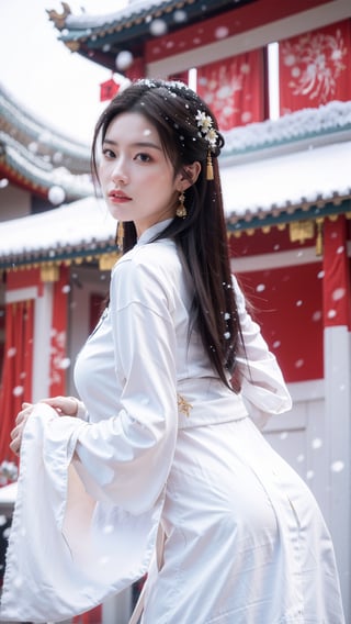 Masterpiece, Best Quality,young and beautiful Chinese girl wearing a cheongsam with coiled hair, , wearing vintage Chinese earrings, (big breasts:1.39),1girl, half, (Masterpiece:1.2), best quality, arien_hanfu, 1girl, (falling_snow:1.3), looking_at_viewer, , (big breasts:1.5),Young beauty spirit 