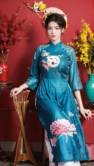 masterpiece, best quality, 1girl, solo, short hair, black hair, sitting, indoors, chair, floral print, table, plant, hand fan, aodai,aodaicuoi,(big breasts:1.39),