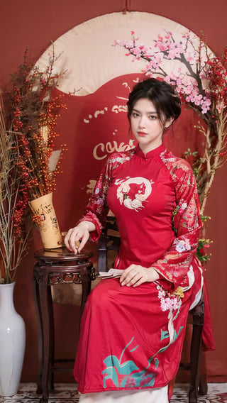 masterpiece, best quality, 1girl, solo, short hair, black hair, sitting, indoors, chair, floral print, table, plant, hand fan, aodai,aodaicuoi,(big breasts:1.39),