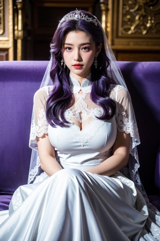 masterpiece,1girl,(mature female:0.5),tall body,golden proportions,(Kpop idol),(shiny skin:1.2),(oil skin:1.1),makeup,(close up),(church background:1.2),depth of field,(closed mouth:0.5),((long wavy purple hair)),(puffy eyes),(eyelashes:1.1),(parted lips:1.1),red lipstick,fantasy art style,dreamy light,(high neck purple wedding dress:1.33),(lace long wedding dress:1.39),perfect body,(dreamy veil:1.3),(dusk:1.2),princess shoes,(diamond necklace),(crystal hairpin),tyndall effect,highres,(Sit on the sofa:1.3),(big breasts:1.68),