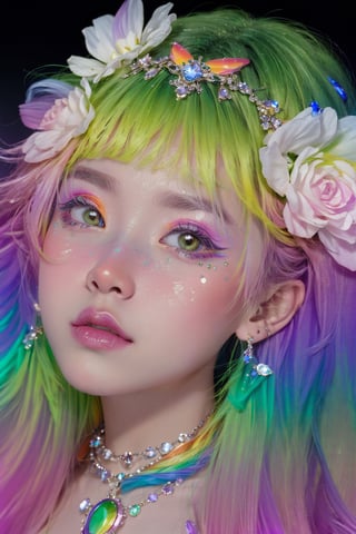 green theme,  snowflakes,  looking at viewer,  portrait,  colorful hair,  jewelry,  close up,  ultra high res,  deep shadow, (best quality,  masterpiece),  dimly lit,  shade, highly detailed,  bold makeup,  flower,  (rainbow gradient background:1.2),  depth of field,  film grain,  fashion_girl,  accessories, High detailed, ,fashion_girl,Young beauty spirit 