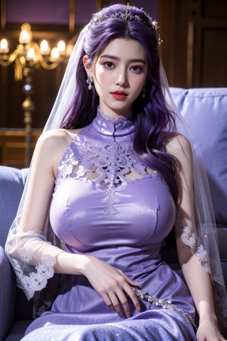 masterpiece,1girl,(mature female:0.5),tall body,golden proportions,(Kpop idol),(shiny skin:1.2),(oil skin:1.1),makeup,(close up),(church background:1.2),depth of field,(closed mouth:0.5),((long wavy purple hair)),(puffy eyes),(eyelashes:1.1),(parted lips:1.1),red lipstick,fantasy art style,dreamy light,(high neck purple wedding dress:1.59),(lace long wedding dress:1.39),perfect body,(dreamy veil:1.3),(dusk:1.2),princess shoes,(diamond necklace),(crystal hairpin),tyndall effect,highres,(Sit on the sofa:1.3),(big breasts:1.79),