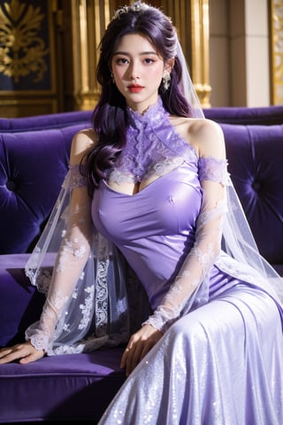 masterpiece,1girl,(mature female:0.5),tall body,golden proportions,(Kpop idol),(shiny skin:1.2),(oil skin:1.1),makeup,(close up),(church background:1.2),depth of field,(closed mouth:0.5),((long wavy purple hair)),(puffy eyes),(eyelashes:1.1),(parted lips:1.1),red lipstick,fantasy art style,dreamy light,(high neck purple wedding dress:1.59),(lace long wedding dress:1.39),perfect body,(dreamy veil:1.3),(dusk:1.2),princess shoes,(diamond necklace),(crystal hairpin),tyndall effect,highres,(Sit on the sofa:1.3),(big breasts:1.79),