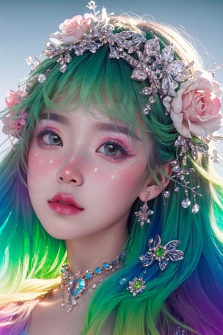 green theme,  snowflakes,  looking at viewer,  portrait,  colorful hair,  jewelry,  close up,  ultra high res,  deep shadow, (best quality,  masterpiece),  dimly lit,  shade, highly detailed,  bold makeup,  flower, 
BREAK, 
(rainbow gradient background),  depth of field,  film grain,  fashion_girl,  accessories, High detailed, ,fashion_girl,Young beauty spirit 