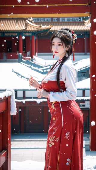 Masterpiece, Best Quality,young and beautiful Chinese girl wearing a cheongsam with coiled hair, , wearing vintage Chinese earrings, (big breasts:1.39),1girl, half, (Masterpiece:1.2), best quality, arien_hanfu, 1girl, (falling_snow:1.3), looking_at_viewer, , (big breasts:1.5),