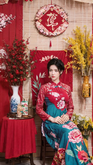 masterpiece, best quality, 1girl, solo, short hair, black hair, sitting, indoors, chair, floral print, table, plant, hand fan, aodai,aodaicuoi,(big breasts:1.39),