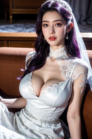 masterpiece,1girl,(mature female:0.5),tall body,golden proportions,(Kpop idol),(shiny skin:1.2),(oil skin:1.1),makeup,(close up),(church background:1.2),depth of field,(closed mouth:0.5),((long wavy purple hair)),(puffy eyes),(eyelashes:1.1),(parted lips:1.1),red lipstick,fantasy art style,dreamy light,(high neck purple wedding dress:1.33),(lace long wedding dress:1.39),perfect body,(dreamy veil:1.3),(dusk:1.2),princess shoes,(diamond necklace),(crystal hairpin),tyndall effect,highres,(Sit on the sofa:1.3),(big breasts:1.68),