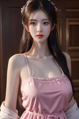 (8k, RAW photo, best quality, masterpiece:1.2), (realistic, photo-realistic:1.2)(raw photo) (extremely detailed CG unity 8k wallpaper) detailed and intricate, original,highres,[1girl:background:0.6],long hair,(long dress:1.23),looking at viewer,upper body,(light pink clothing:1.23),(big breasts:1.52),Xyunxiao,1girl,Xziling,underwear,Dudou,dudou