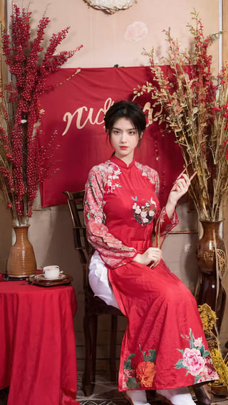 masterpiece, best quality, 1girl, solo, short hair, black hair, sitting, indoors, chair, floral print, table, plant, hand fan, aodai,aodaicuoi,(big breasts:1.39),