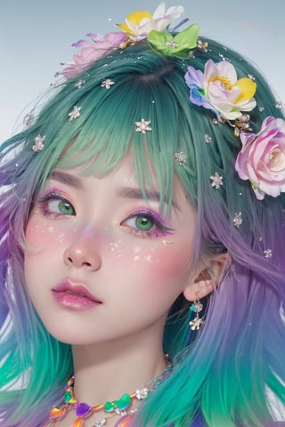 green theme,  snowflakes,  looking at viewer,  portrait,  colorful hair,  jewelry,  close up,  ultra high res,  deep shadow, (best quality,  masterpiece),  dimly lit,  shade, highly detailed,  bold makeup,  flower,  (rainbow gradient background:1.2),  depth of field,  film grain,  fashion_girl,  accessories, High detailed, ,fashion_girl