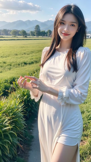 1girl, solo, a stunning beautiful Asian girl with bright smile, light brown hair, blowing hari, spring grass field, wearing a colorful onepiece dress, looking at camera, 8k, high res, middle quality, ,Young beauty spirit 