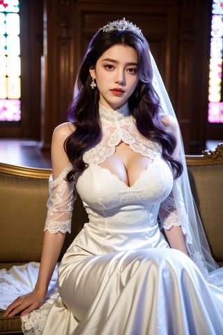 masterpiece,1girl,(mature female:0.5),tall body,golden proportions,(Kpop idol),(shiny skin:1.2),(oil skin:1.1),makeup,(close up),(church background:1.2),depth of field,(closed mouth:0.5),((long wavy purple hair)),(puffy eyes),(eyelashes:1.1),(parted lips:1.1),red lipstick,fantasy art style,dreamy light,(high neck purple wedding dress:1.33),(lace long wedding dress:1.39),perfect body,(dreamy veil:1.3),(dusk:1.2),princess shoes,(diamond necklace),(crystal hairpin),tyndall effect,highres,(Sit on the sofa:1.3),(big breasts:1.68),