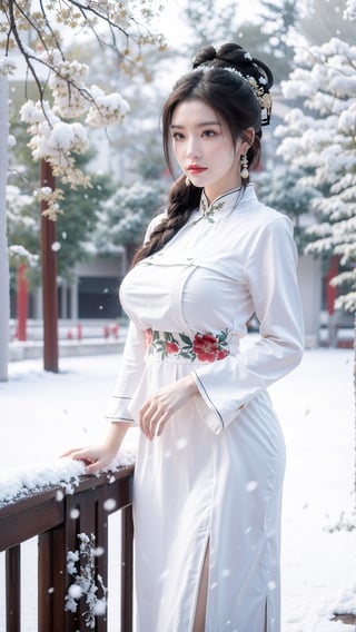 Masterpiece, Best Quality,young and beautiful Chinese girl wearing a cheongsam with coiled hair,wearing vintage Chinese earrings, (big breasts:1.39),1girl, half,arien_hanfu, 1girl, (falling_snow:1.3), looking_at_viewer, , (big breasts:1.39),Young beauty spirit 