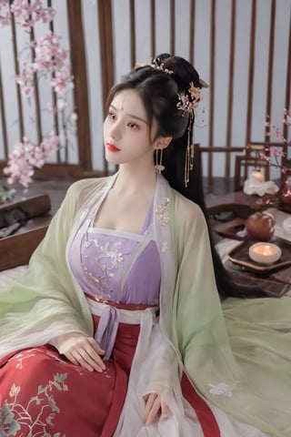 (masterpiece, best quality:1.2),1girl, solo, long hair, black hair,Hairpins,necklace, hair ornament, dress, full body, flower, earrings, indoors, hair bun, (red-Purple-green dress:1.29),(Tube top Hanfu long skirt:1.1), pillow, bed, night, chinese clothes, table, branch,daxiushan, ,daxiushan style,(huge breasts:2.33), (full breasts:1.79), realistic,hanfu, daxiushan,Shoulders are exposed, , daxiushan, arien_hanfu, FilmGirl,Xziling,More Reasonable Details